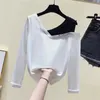 Uzun Kollu Omuz Beyaz Patchwork T Gömlek Kadın Üst Pamuk Seksi Sonbahar Kadın T-shirt Kadın Tee Gömlek Femme 210604