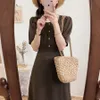 Plus size Summer Girls Boho Party Cotton Linen Female Vintage Dress Brown Short Sleeve Women Dresses Long Robe Vestido 210417