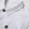 Men's White Two-piece Suit Fashion Tracksuits Slim Frayed Lapel Denim Vest + Skinny Ripped Pants Spring Sumer Autumn Mens Jeans Set