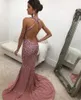 2021 Nya rosa aftonklänningar Juvelhals Sequined Spets Lång backless Mermaid Prom Dress Sweep Train Custom Illusion Robes De Soire301b