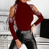 Sexy Off Shoulder Women T-shirt Spring Autumn Turtleneck Long Sleeve Slim T-shirts Casual Drilling Shiny Tee Female Tops 210526