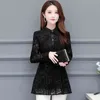 Black Lace Top Women's Blouse Autumn Middle-aged Mother Flocking Midi Blusa Long Sleeve Plus Size Women Clothing 935H 210420