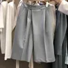 Koreanska Kvinna Soid High Waist Spring Sommar Half Sleeve Wide Ben Byxor Vintage Button Trousers Fashion 210415