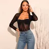 QuanRun Sexy Fashion Women Long Sleeve Lace Mesh Perspective Square Neck T Shirt Femmal Tops Party Club Streetwear 210604