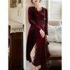 Women Elegant Red Wine Black Navy Blue V Neck Velvet Lace Patchwork Ruched Long Sleeve Split Knee Length Dress D2093 210514