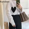 Korobov novo estilo coreano listrado camisas mulheres preta amor coração padrão manga comprida blusa feminino casual solta blusas mujer 210430