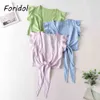 Foridol Ruffle Sleeveless Yellow Tank Tops Women Tie Front Bowknot Crop Tops Casual Boho Lace Up Cute Holiday Beach Tops 210415