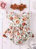 Baby Floral Print Ruffle Trim Combo Bodysuit Dress & Headband SHE