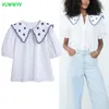 Shirts for Women White Embroidery Poplin Woman Summer Short Puff Sleeve Button Up Shirt Vintage Ladies Tops 210430