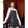 Designer Black Summer Slip Dress Patch Floral Spaghetti Strap Mini Going Out Short Fashion 210427