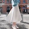 Verão Branco Mulheres Midi Saias Preto Elástico Cintura Alta Plissada Saias Coreano Alternagem Longa Streetwear 210421