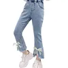 Jeans Little Girls Mid Midist Denim Bell Bottoms Barn Ruffle Flare Byxor Barn Lace Bowknot Faux Pearls Leggings Byxor