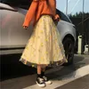 Юбка Цветочная вышивка желтая трехмерная цветочная сетчатая сетка Midi Elastic Women Women Long Corean Kawaii Suit Suia Saia
