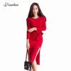 Womens Elegant Solid Business Party Bodycon Dress Autumn Winter Long Sleeve Slit Fitted Knee Length Casual Work Dresses 210603