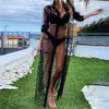 Mujer Polka Dot Beach Smock Sexy solapa manga larga señoras 2021 malla perspectiva Top cubrir traje de baño de mujer