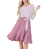 Wiosna Kobiety Sukienki Paski Druku Patchwork Z Długim Rękawem O Neck Nieregularna Dress Moda Sashes Lace Up Różowy A-Line Midi 210522