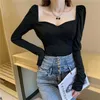 Blusa Spring Korean Office White Blouse Shirt Women Square Collar Short Sexy Tops Vintage Puff Sleeve Black Shirts 12605 210527