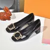 Women Pump Fashion High Low Block Heels Square Toe Pumps Triple Black Leather Loafers Lady Wedding Shoes