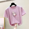 Manga curta Tshirt Roupas Mulheres Rosa Verão Tops Mulheres T-Shirts Laranja Beading Tshirt Coreano Moda Casual Kawaii Tees 210604