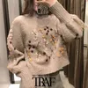 TRAF Women Fashion With Beading Embroidery Cropped Knitted Sweater Vintage Lantern Sleeve Female Pullover Chic Tops 210415