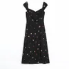 ビンテージブラックパーティードレスシックなタンクヴェスティドファッション花柄のプリントスプリット女性のミディドレスセンターRuchedドレス高品質210520