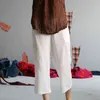Johnature Kadınlar Pamuk Keten Buzağı Uzunlukta Pantolon Elastik Bel Sonbahar Artı Boyutu Kadın Giyim Gevşek Vintage Beyaz Pantolon 210521