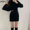 Wakuta Zarif Örgü 2 Parça Set Kadın Seksi Kapalı Omuz Ince Bel Kazak Ve Kayış Mini Bodycon Elbise Kore Moda Kıyafetler 211108