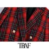 TRAF femmes mode Double boutonnage vérifier Blazer manteau Vintage à manches longues poches vêtements de dessus pour femmes Chic Veste Femme 210415