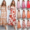 Sommer V-ausschnitt Floral Print Lace-Up Kleid Mode Lotus Hülse Taste Hohe Taille Rüschen Nähte Lange Femme Robe 210517