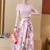 Zomer Vrouwen Onregelmatige T-shirt + Mesh Rokken Suits Bowknot Solid Tops Vintage Floral Rok Sets voor Elegante Vrouw 210514