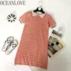 Femme robes Plaid Vintage tricoté à manches courtes printemps été robe mode coréenne Vestidos élégant 210415