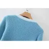 Винтажные синие вязаные кардиганы женщины урожая свитер корейские моды дамы вершины вскользь теплые весна 210521