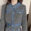 Outono vintage elegante tweed 2 pedaço conjunto mulheres manga longa denim patchwork único casaco breasted + mini saia outfits coreano 210513