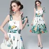 Mode zomer jurk vrouwen boog spaghetti riem groen blad vlinder bloem gedrukt strand sundress backless vestidos 210416