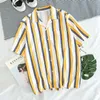 Men's T-Shirts Summer Hawaiian Stripe Shirts Printed Short Sleeve Button Shirt Blouse Tops Slim Fit Handsome Casual Clothes 2022