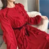 Vintage Şarap Kırmızı Ruffles Kadın O-Boyun Kollu Yüksek Bel Kemer Yay Dantelli Şifon Kadın Zarif Uzun Parti Elbise 210416