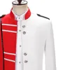 Hommes Épissage Conception Rouge Blanc Col Montant Blazers Style Européen Cour Stade Uniforme Militaire Costume Bar Discothèque Mâle Chanteur Hôte Performance Slim Fit Manteau