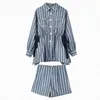 2 Piece Set Vintage Women Elegant Striped Drawstring Waist Long Sleeve Blouse Tops + High Shorts Casual Fashion Suit 210519