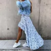Saias Primavera / Verão Mulheres Saia Irregular Floral Impressão Cintura alta Long Para Office Coreano Estilo Azul XL Street Wear