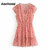 Aachoae imprimé fleuri Mini robe femmes été col en V Boho plage robe à volants manches courtes taille élastique Chic robes robe d'été 210413