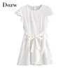 Mulheres Lace Retalhamento Branco Vestidos de Algodão de Manga Curta Sólida Casual Sashes Feminino O Pescoço Verão Elegante Mini 210515
