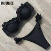 Ruuhee Bandeau Bikini Stroje kąpielowe Kobiety Swimsuit Sexy Ruffle Set Push Up Suit Suit Siatek Brazylijski Leopard 210702