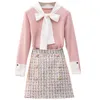 Gold Double-Breasted Tweed Skirt 2 Piece Set 2021 Spring Women Sweet Bow Tie Collar Knitshirt Top + Mini Plaid Pencil Women's Two Pants