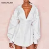 Missakso moda solta camisa branca vestido lanterna manga v pescoço túnica cintura alta outono mulheres mini vestidos grandes 210625