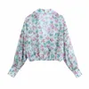 Sommar Kvinnor Cross V Neck Blomma Tryck Chiffon Kort Blus Kvinna Lantern Sleeve Shirt Casual Lady Crop Tops Blusas S8883 210430