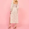 Платье моды элегантные слойки с длинным рукавом платья старинные цветочные принты белый omen Midi France Split Vestido халат 210520