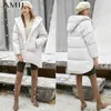 Elegant Down Jacket Women Winter Solid Mid Long Loose Hooded Female Thick Coat 11970479 210527