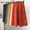 REALEFT Autumn Winter Women Suede Midi Skirts High Waist Multi Color Elegant A-Line Skirts Umbrella Ladies Skirt Female 211120