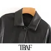 TRAF Women Fashion Faux Lederen Button-Up Losse Jas Jas Vintage Lange Mouw Zakken Vrouwelijke Bovenkleding Chic Tops 210415