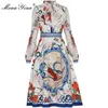 패션 디자이너 드레스 봄 여성 드레스 활 칼라 긴 소매 파란색 다이아몬드 인디 민속 꽃 - 인쇄 드레스 210524